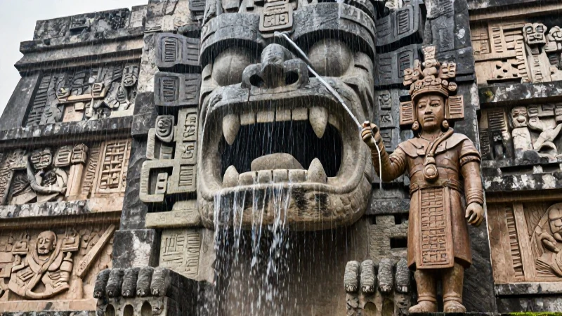 Tláloc en Templo Mayor bajo la lluvia