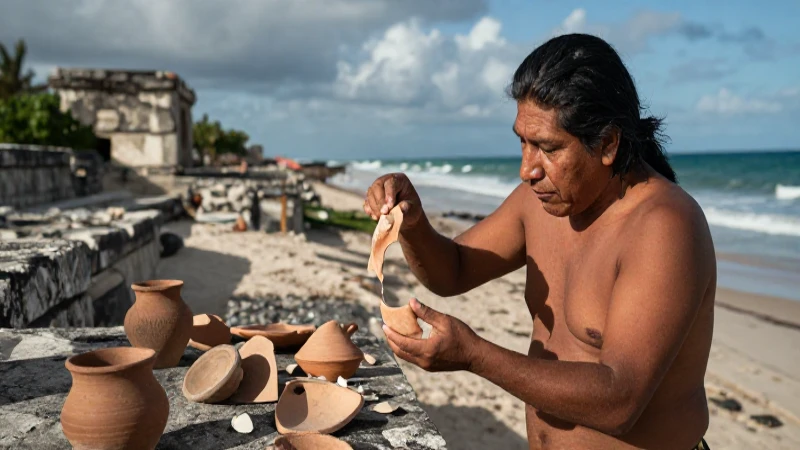 Arqueólogo examina fragmentos en ruinas costeras