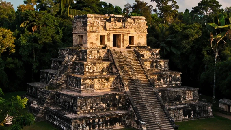 Templo maya monumental en selva dorada