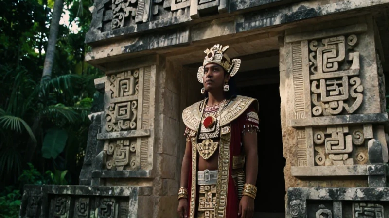 Noble maya en Palenque ante su templo