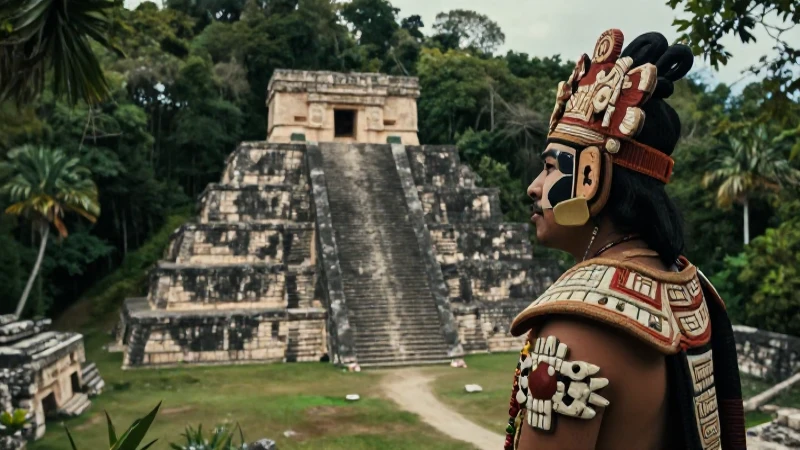 Noble maya en Cobá observando un templo