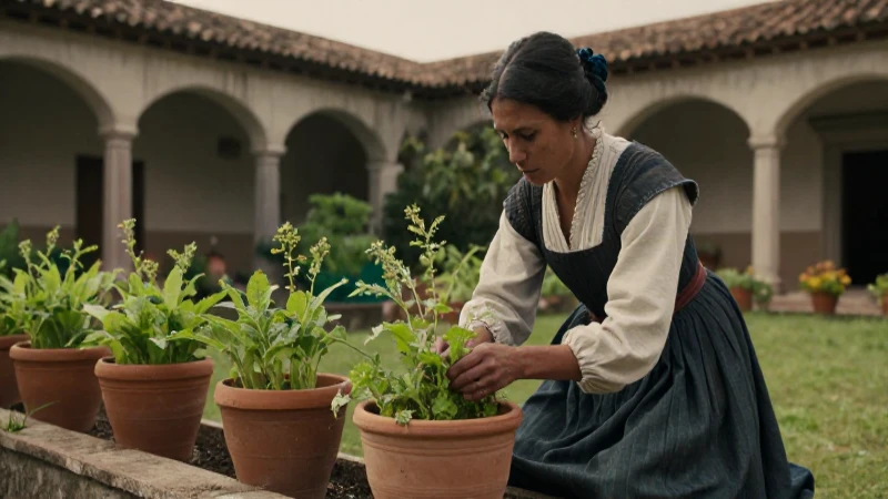 Mujer cosecha quelites en jardín colonial histórico
