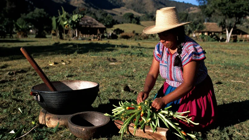 Mujer rural cosechando quelites en México