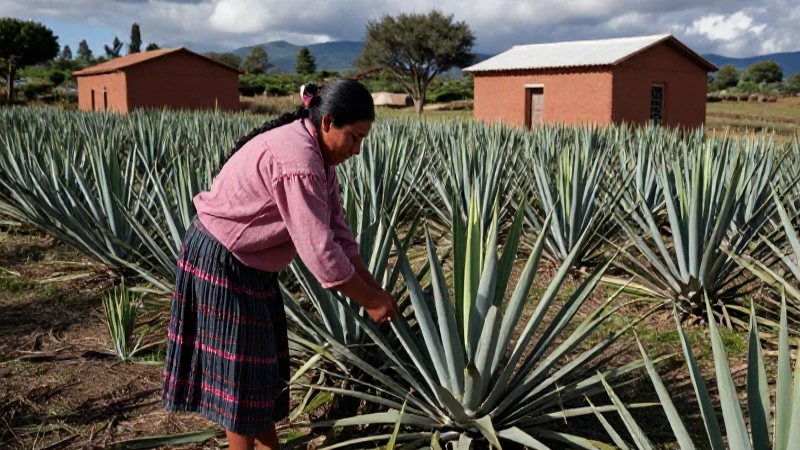 Indígena examina agave en campo mesoamericano tradicional
