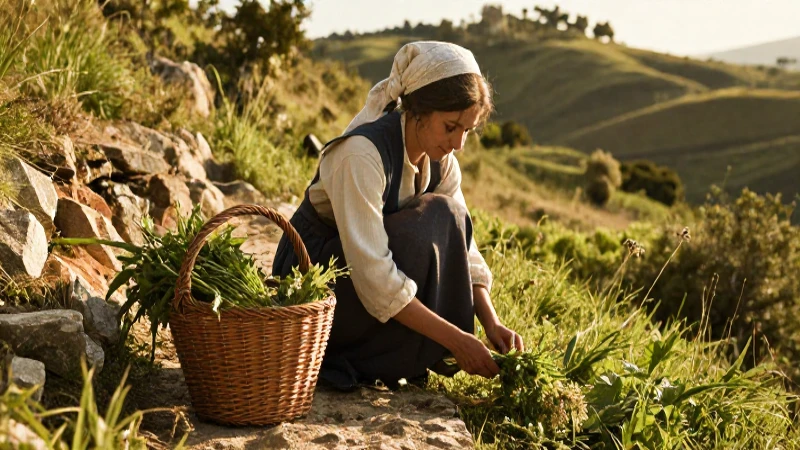 Campesina cosecha hierbas silvestres en luz dorada
