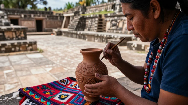 Artesano Mixteco pinta vasija cerámica ceremonial en patio antiguo