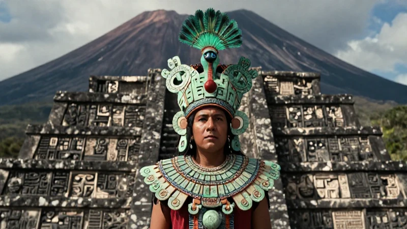 Noble Mixteca frente a pirámide volcánica