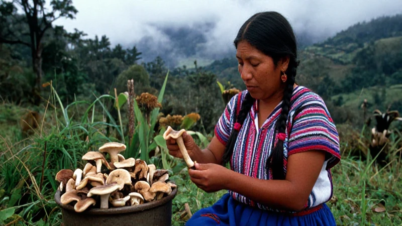 Mujer indígena examina hongos en bosque brumoso