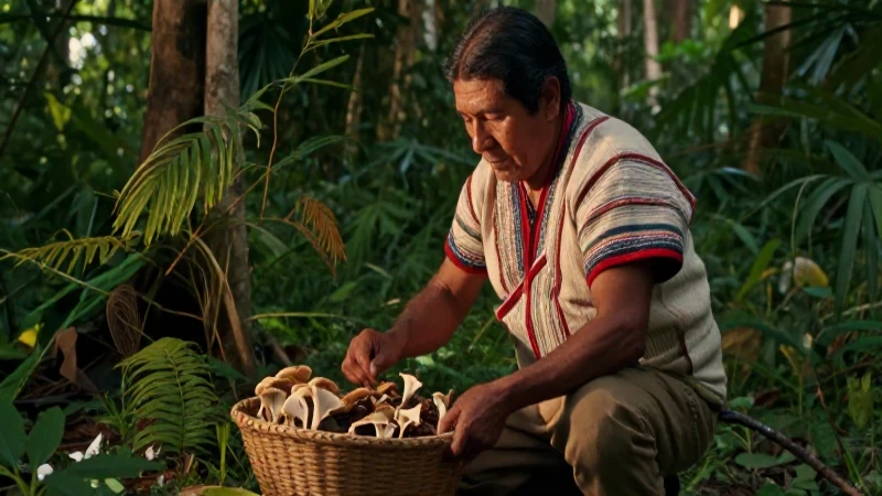 Indígena examina hongos en el bosque mesoamericano
