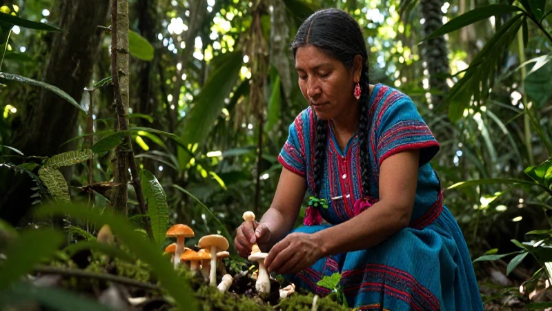 Mujer indígena recolectando hongos en la selva