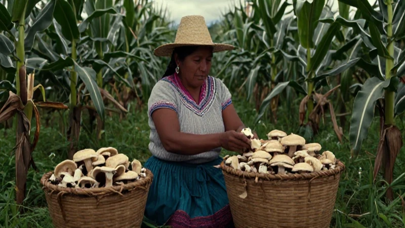 Mujer indígena recolectando hongos en campo húmedo