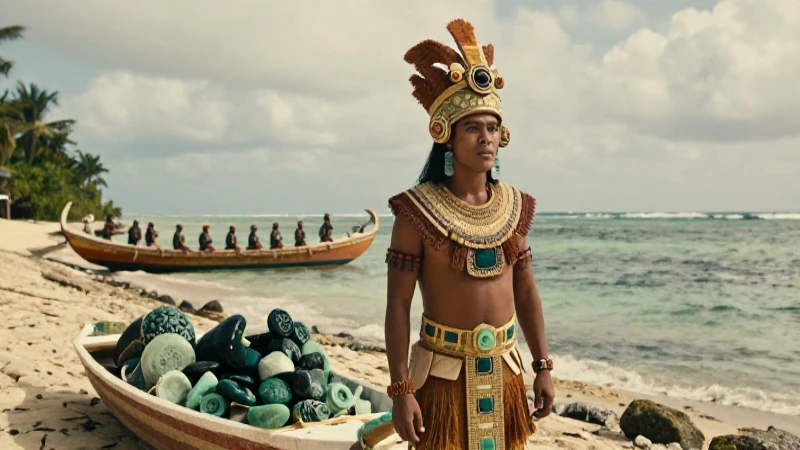 Importantes puertos mayas: Historia y comercio marítimo 22 Mercader maya en costa con carga antigua
