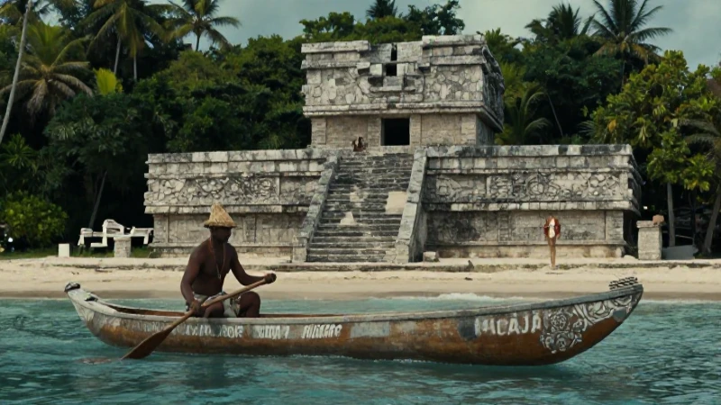 Importantes puertos mayas: Historia y comercio marítimo 19 Comerciante maya en canoa con arquitectura portuaria