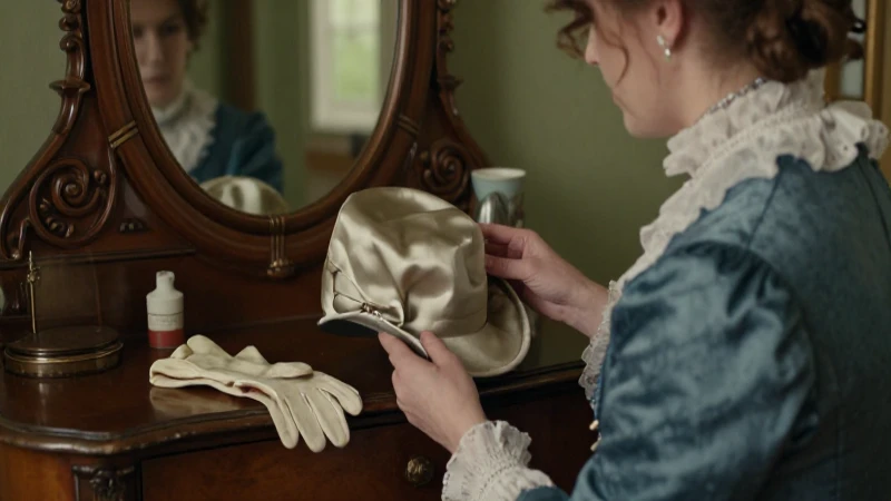 Mujer victoriana elige sombrero de seda en estilo documental