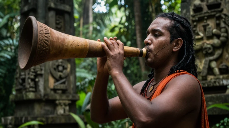 Sacerdote ritual toca en templo de la selva