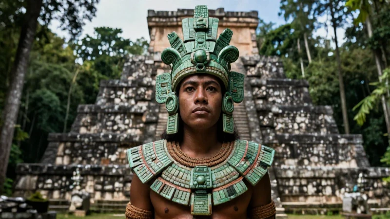 Majestuoso rey maya ante templo en selva