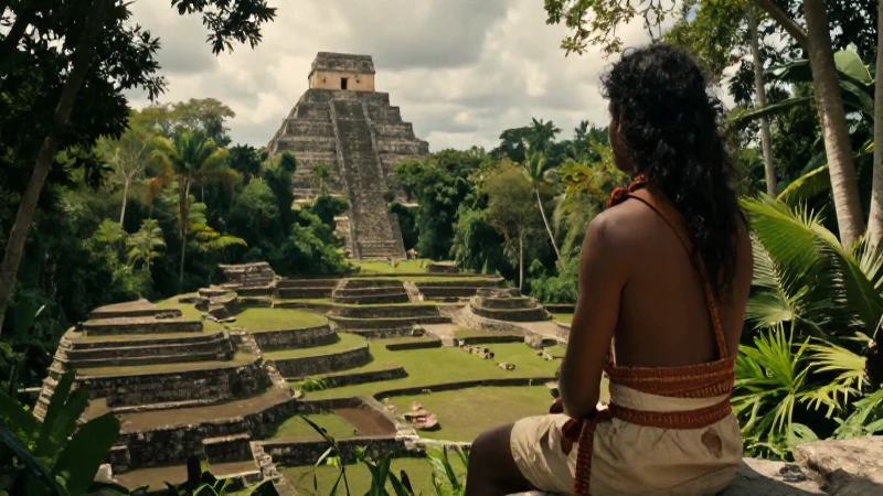 Sacerdote maya contempla la selva y la pirámide