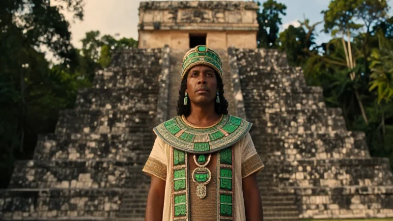 Sacerdote maya bajo pirámide en selva