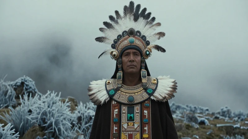 Sacerdote mesoamericano en paisaje gélido y dramático