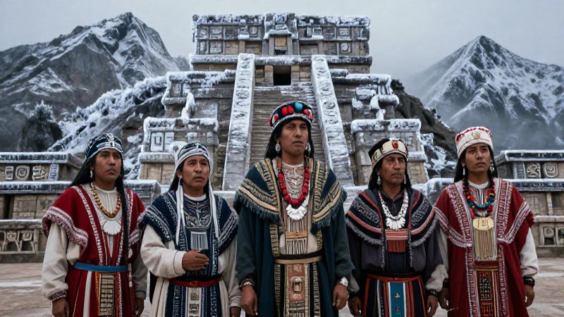 Aztecas fríos en montañas con arquitectura antigua