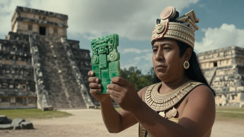 Gobernante mesoamericano sostiene jade prehispánico