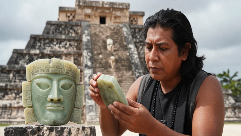 Noble mesoamericano con jade y pirámide azteca