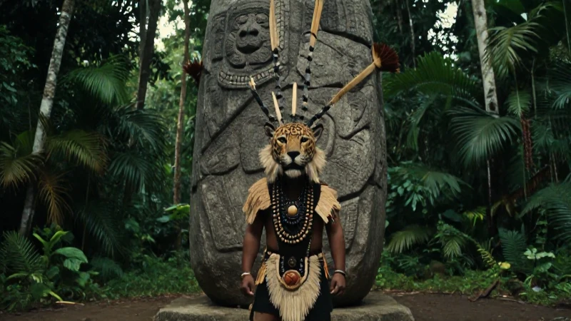 Chaman olmeca en ritual ante un monolito