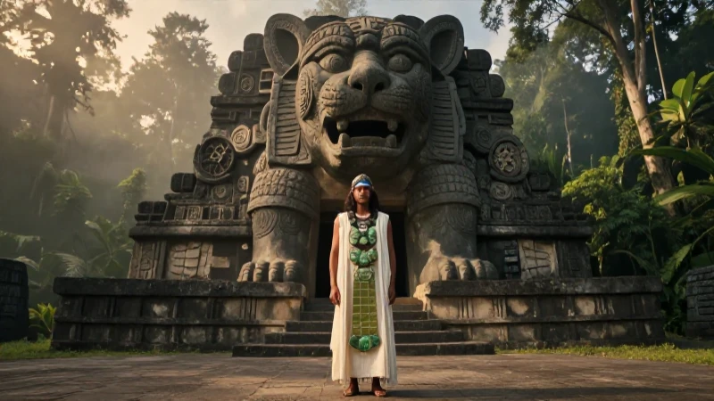 Sacerdote Olmeca ante jaguar en templo maístico