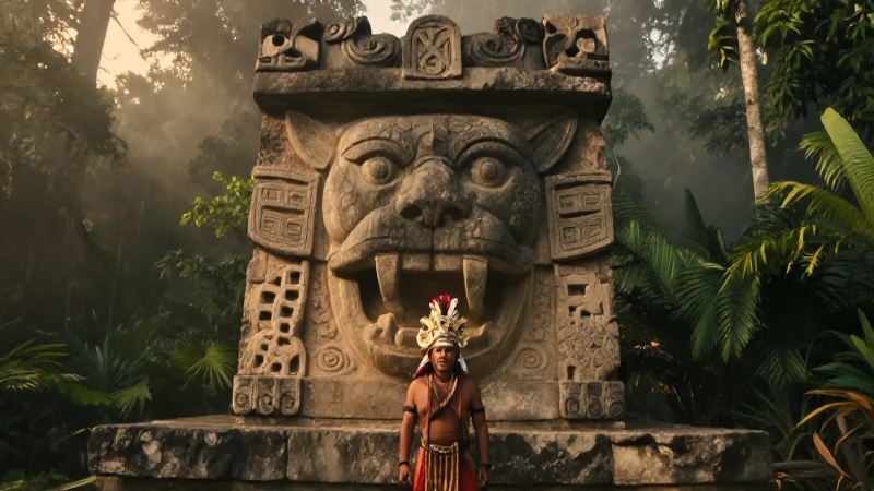 Chamán olmeca en altar de selva
