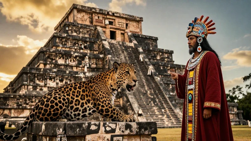 Jaguar, templo azteca y sacerdote en dramática luz