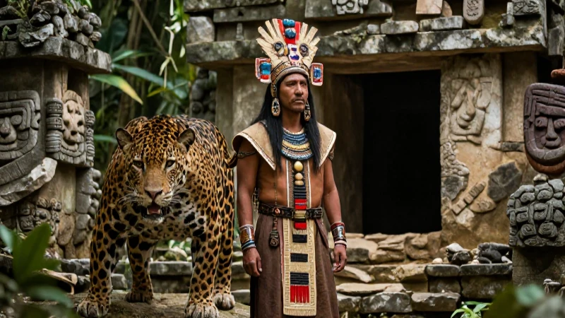 Jaguar y sacerdote en ruinas mesoamericanas