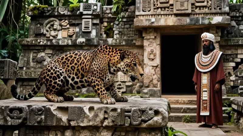 Jaguar y sacerdote en templo mesoamericano dramático
