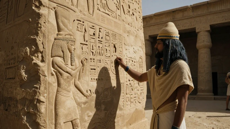 Sacerdote egipcio estudia relieve jeroglífico en templo antiguo