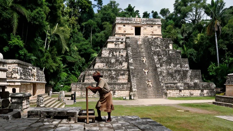Hombre maya en Palenque junto a la pirámide antigua