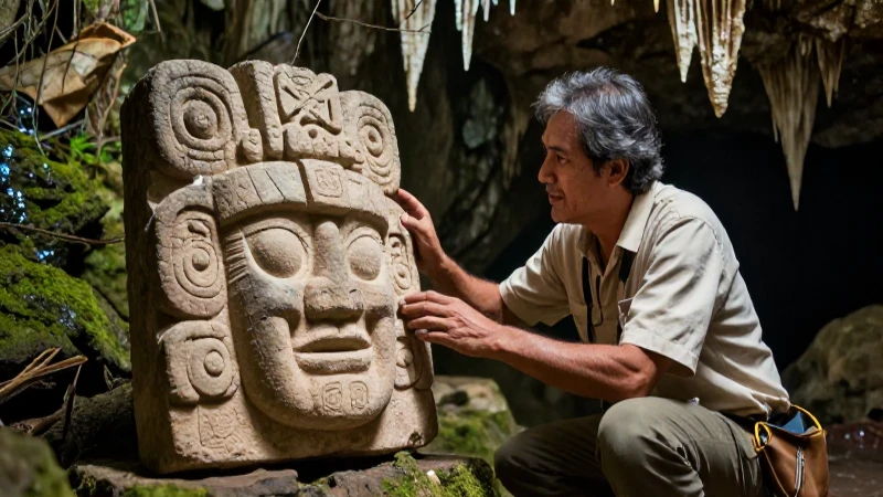 Arqueólogo examina dios Olmec en cueva húmeda