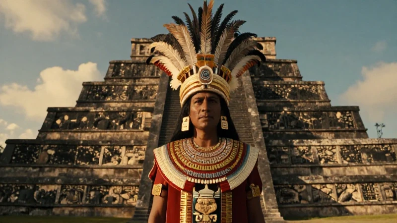 Sacerdote maya poderoso ante pirámide antigua