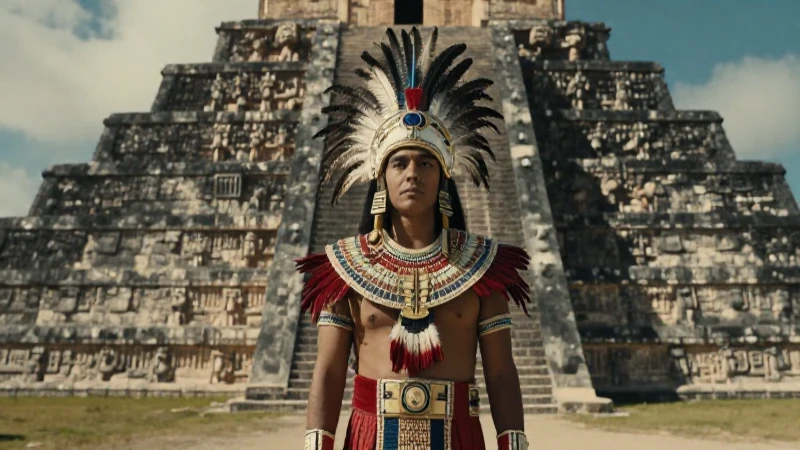 Noble Maya frente a la pirámide de Kaminaljuyú