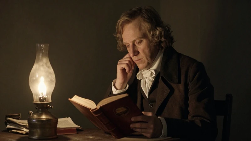 Kierkegaard medita intensamente ante un libro antiguo