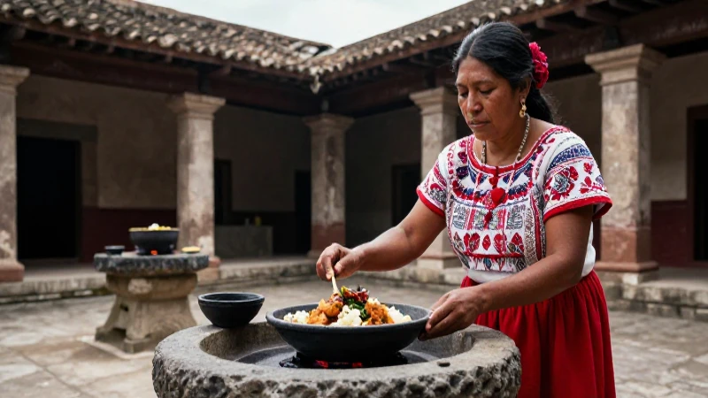 Mujer maya tradicional en antiguo patio