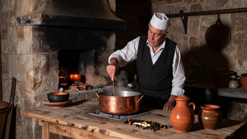 Cocinera tradicional cocinando en cocina histórica