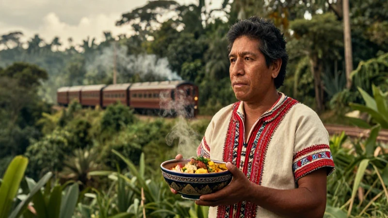 Hombre maya dignificado con comida frente a un tren en la jungla