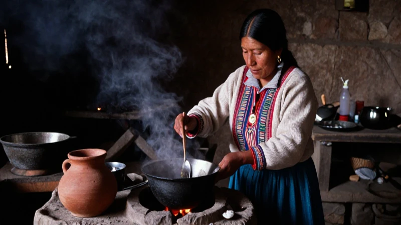 Mujer andina cocina Cuy tradicional con luz dramática