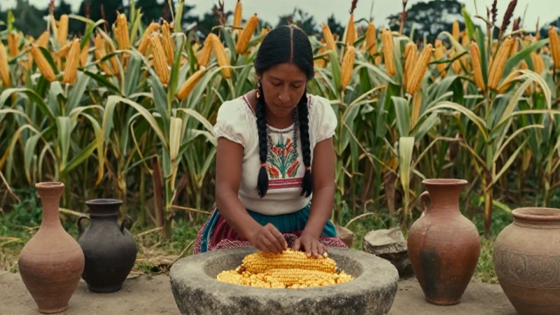 Cómo influye el legado prehispánico en la alimentación en México 20 Mujer indígena muele maíz en Mesoamérica con realismo histórico