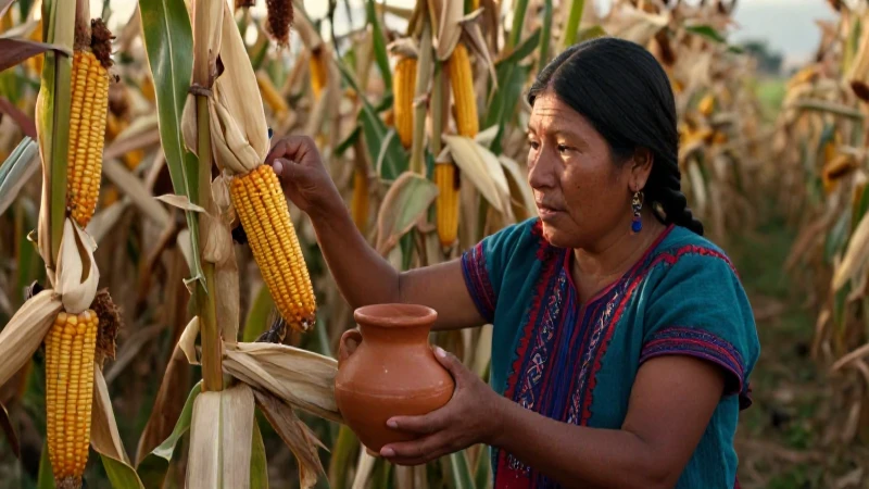 Cómo influye el legado prehispánico en la alimentación en México 21 Mujer mesoamericana cosecha maíz en milpa dorada