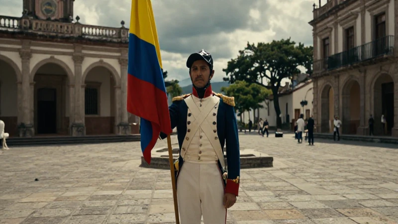 Líder colombiano con uniforme antiguo en plaza colonial