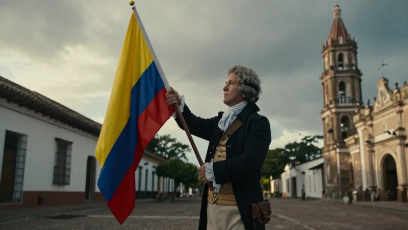 Patriota colombiano iza bandera en pueblo antiguo