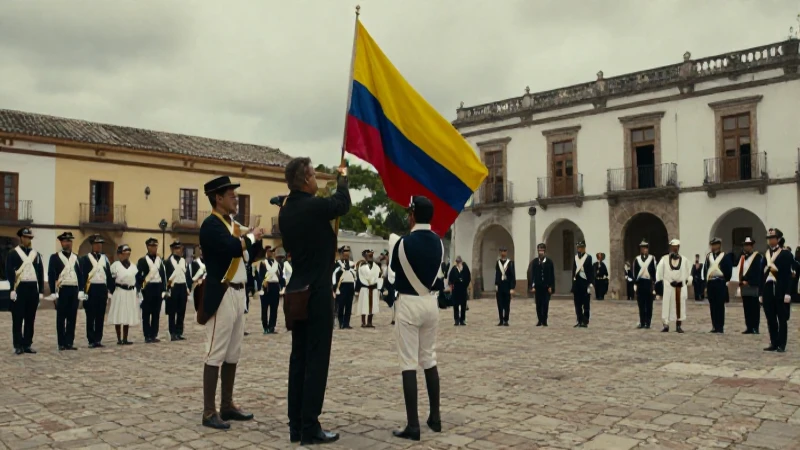 Patriotas colombianos izando bandera en plaza colonial