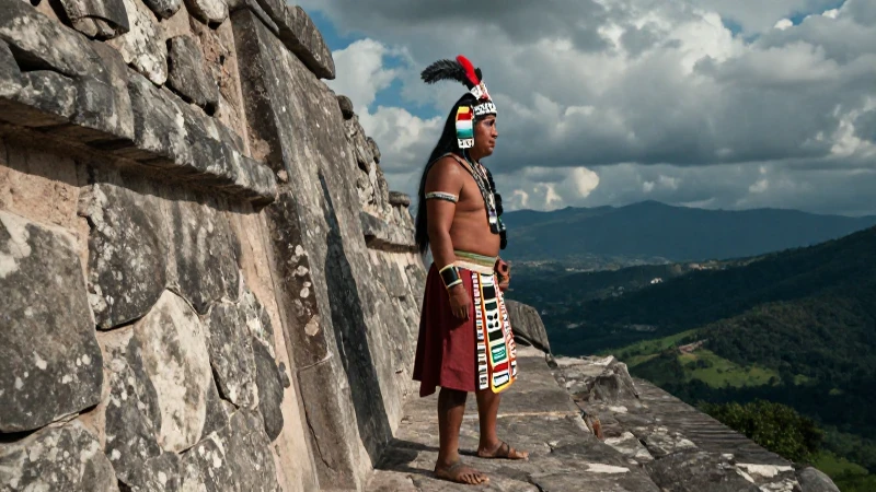 Guerrero mesoamericano ante muro basáltico dramático