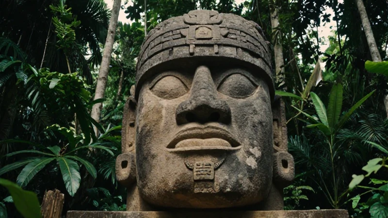 Quiénes fueron los Olmecas y cuáles fueron sus aportaciones 59 Cabeza olmeca de basalto en la selva tropical