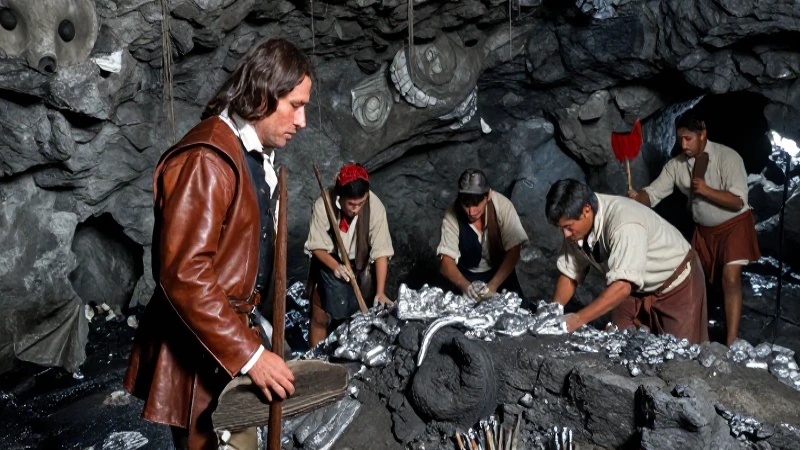 La conquista española: Un resumen de la historia de México 21 Español supervisando mineros en mina histórica